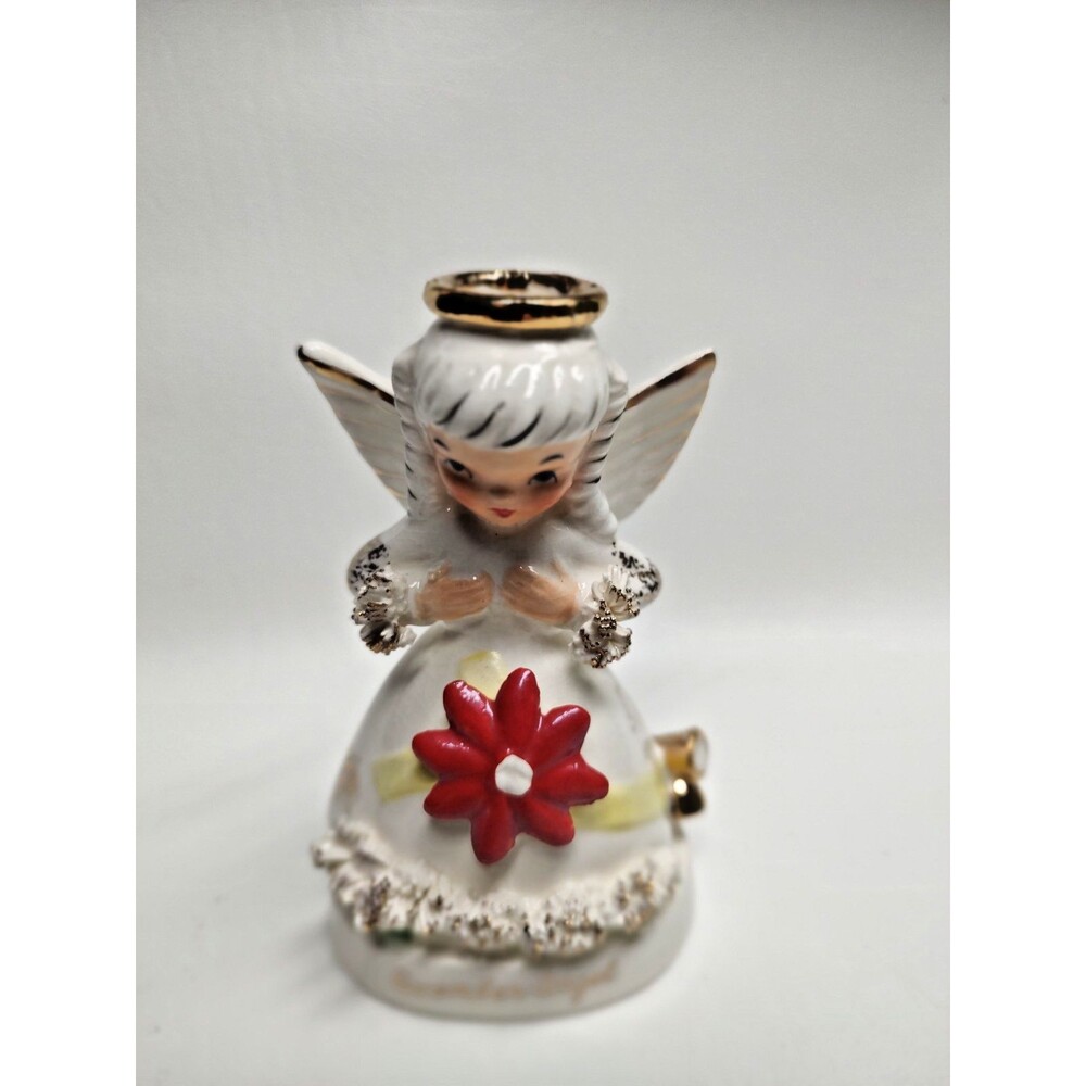 Vintage Napco Birthday Angel December A-1372 Gold Trim Spaghetti Applied 4.5" T
